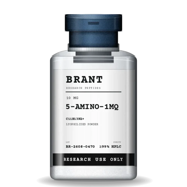 5-Amino-1MQ in a 3 mL clear borosilicate vial with a steel flip-off cap and a lot-numbered label.