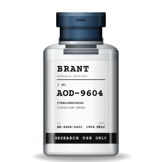 AOD-9604 in a 3 mL clear borosilicate vial with a steel flip-off cap and a lot-numbered label.
