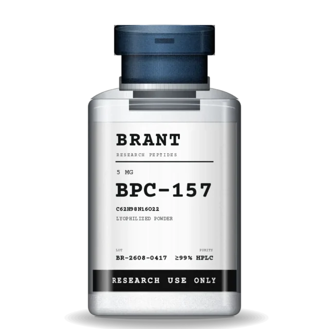 BPC-157 in a 3 mL clear borosilicate vial with a steel flip-off cap and a lot-numbered label.