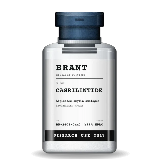 Cagrilintide in a 3 mL clear borosilicate vial with a steel flip-off cap and a lot-numbered label.