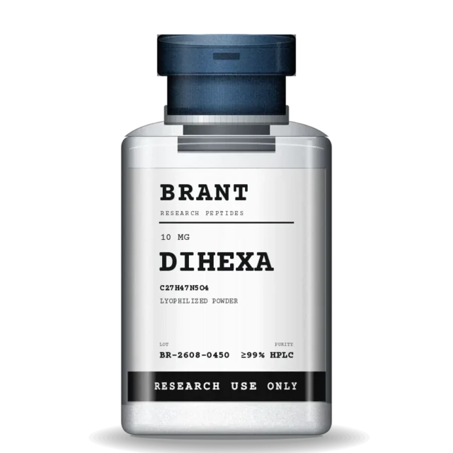 Dihexa in a 3 mL clear borosilicate vial with a steel flip-off cap and a lot-numbered label.