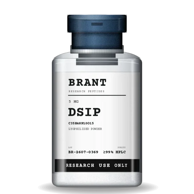DSIP in a 3 mL clear borosilicate vial with a steel flip-off cap and a lot-numbered label.