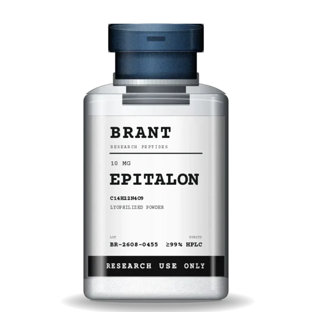 Epitalon in a 3 mL clear borosilicate vial with a steel flip-off cap and a lot-numbered label.