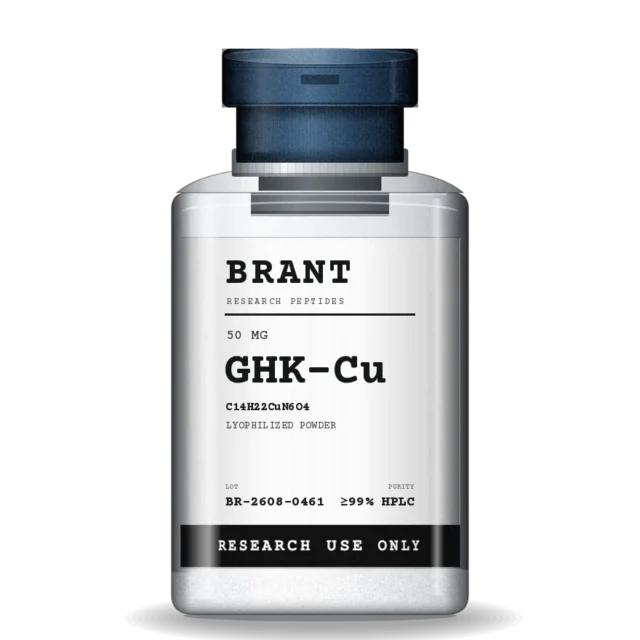 GHK-Cu in a 3 mL clear borosilicate vial with a steel flip-off cap and a lot-numbered label.