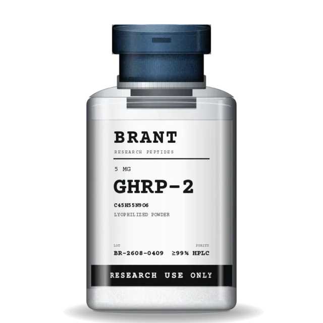 GHRP-2 in a 3 mL clear borosilicate vial with a steel flip-off cap and a lot-numbered label.