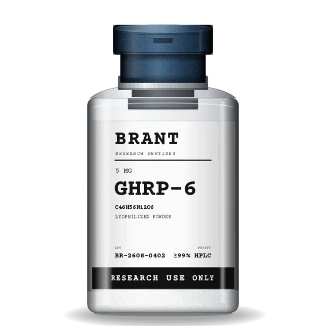 GHRP-6 in a 3 mL clear borosilicate vial with a steel flip-off cap and a lot-numbered label.