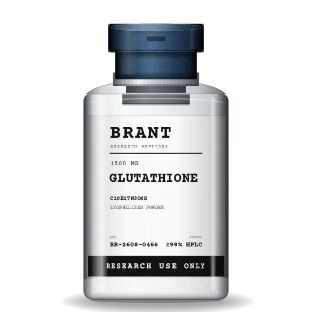 Glutathione in a 3 mL clear borosilicate vial with a steel flip-off cap and a lot-numbered label.