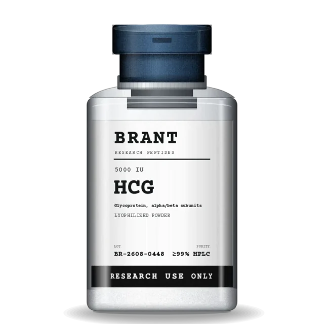 HCG in a 3 mL clear borosilicate vial with a steel flip-off cap and a lot-numbered label.